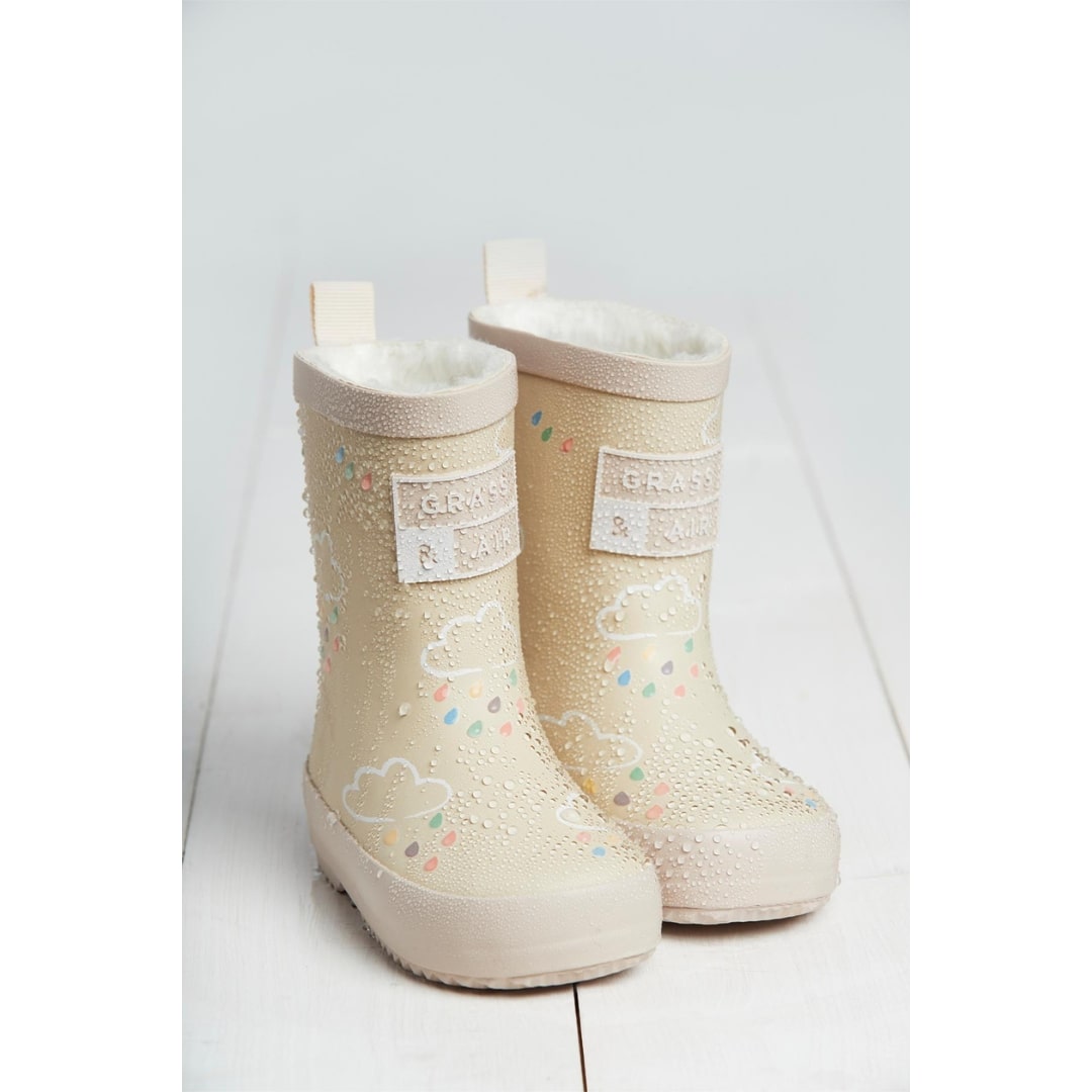 Grass & Air Stone Colour Changing Kids Wellies With Teddy Fleece Lining At Acorn & Pip At Acorn & Pip