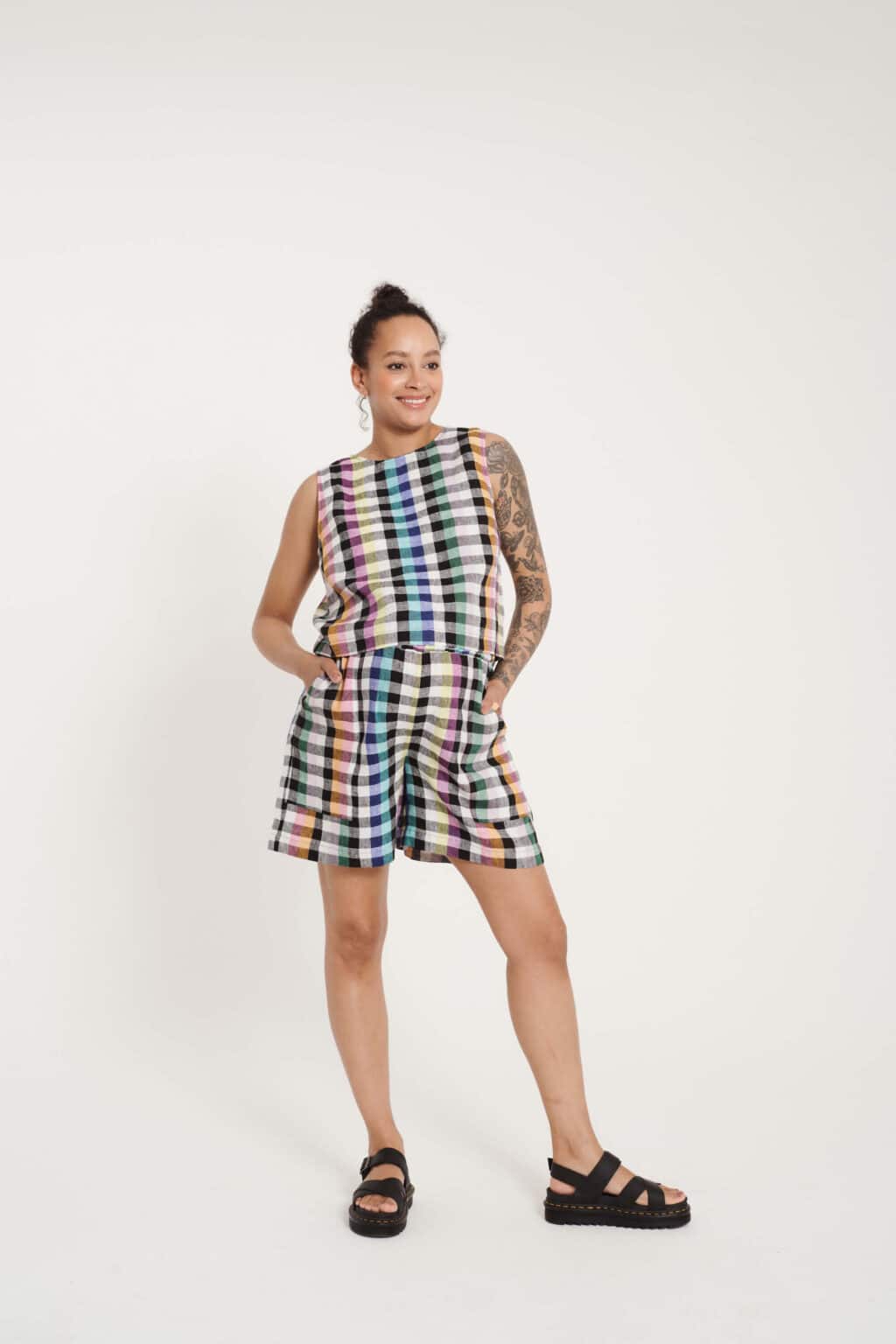 Beyond Nine � Linen Esme Top £ And Ari Shirts £ In Ranbow Gingham